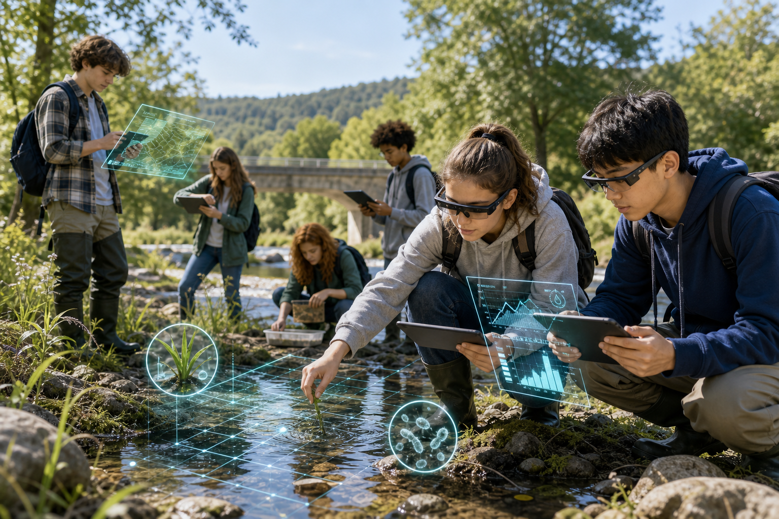 Secondary students using augmented reality during outdoor environmental field learning.