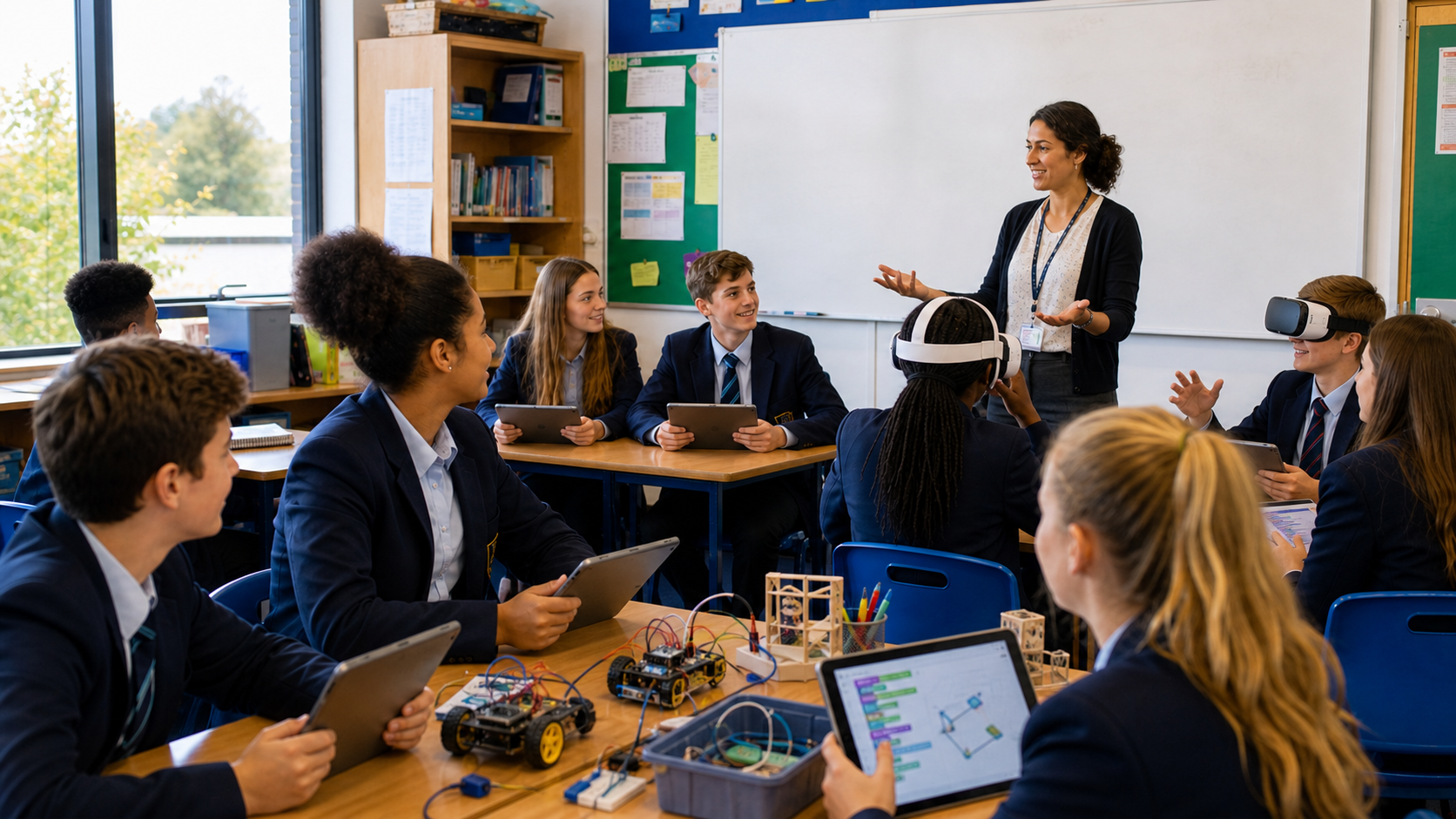 The same classroom transformed into collaborative digital learning with iPads, VR headsets, and physical computing projects.