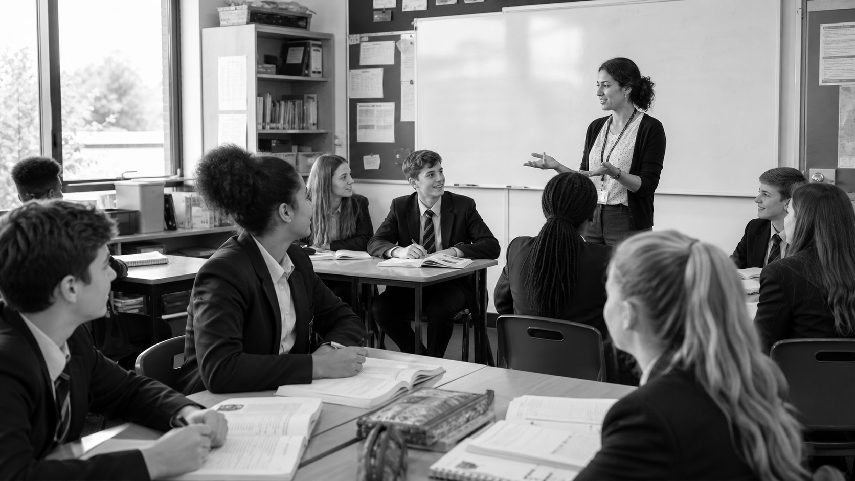 A monochrome classroom scene with secondary students and a teacher.