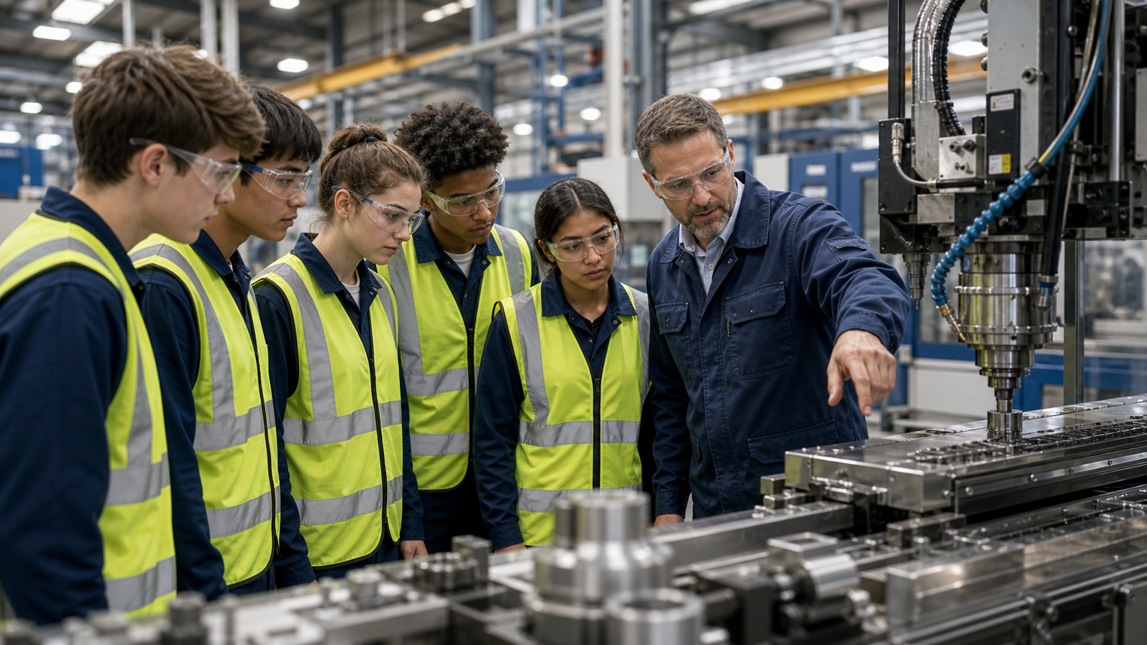 Secondary students learning with an industry mentor on an advanced engineering and manufacturing floor.