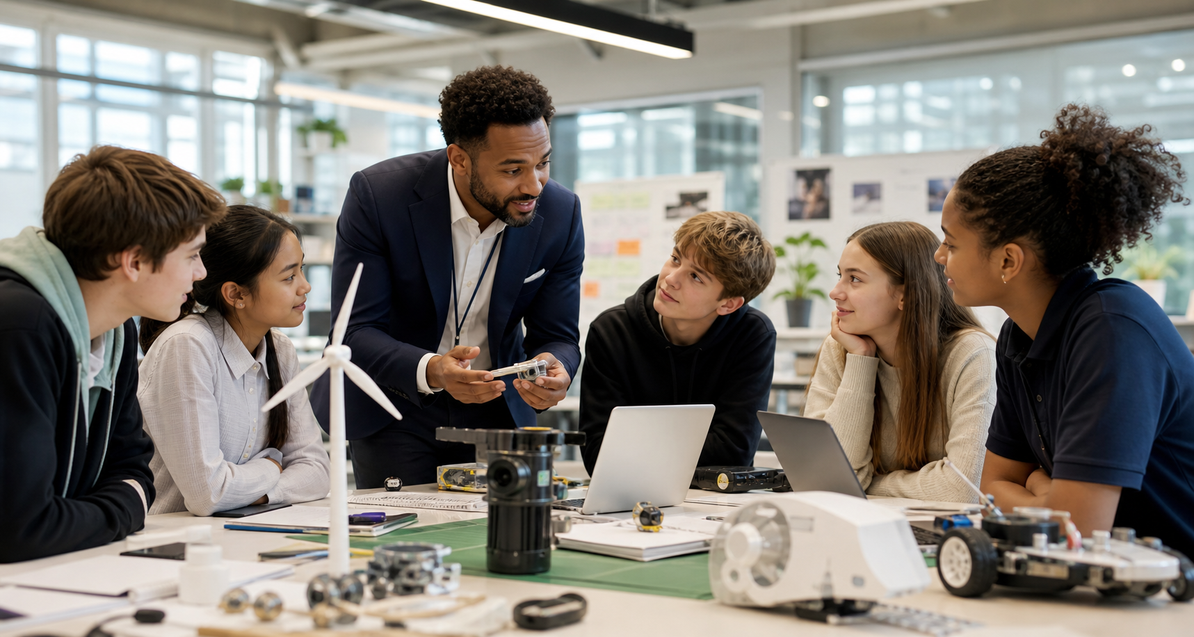 Secondary school students gathered around an adult mentor in a business and industry workspace.