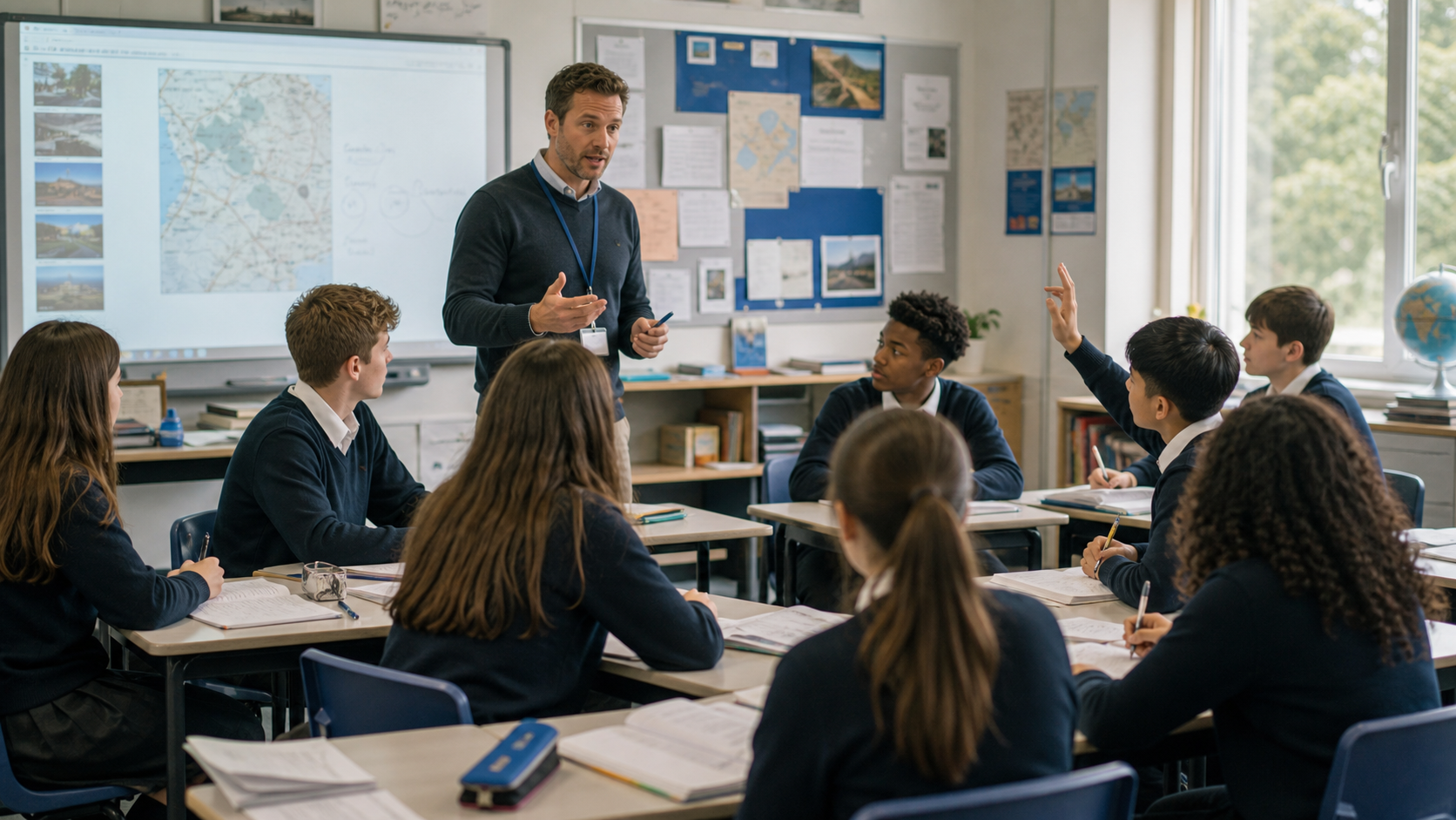 A teacher leading a traditional secondary classroom lesson with students at desks.